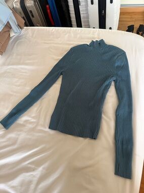 Zara Blue Ribbed Mock Neck Long Sleeve Top